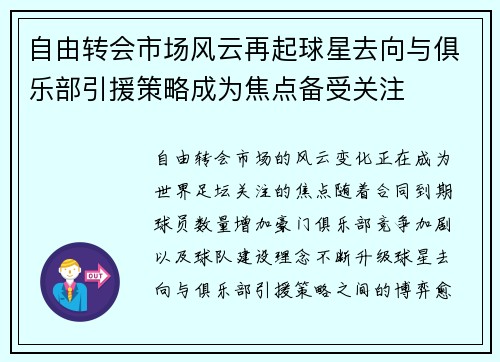 自由转会市场风云再起球星去向与俱乐部引援策略成为焦点备受关注